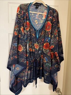 Colleen Lopez Navy Floral Sheer Top with Multicolor Print